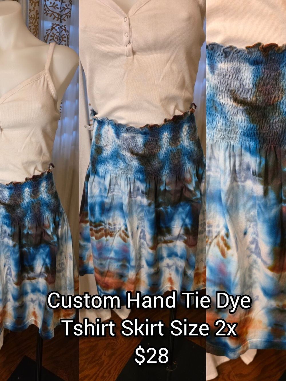 Hand Crafted Blue White Brown Tie-Dye Smocked Waist Skirt